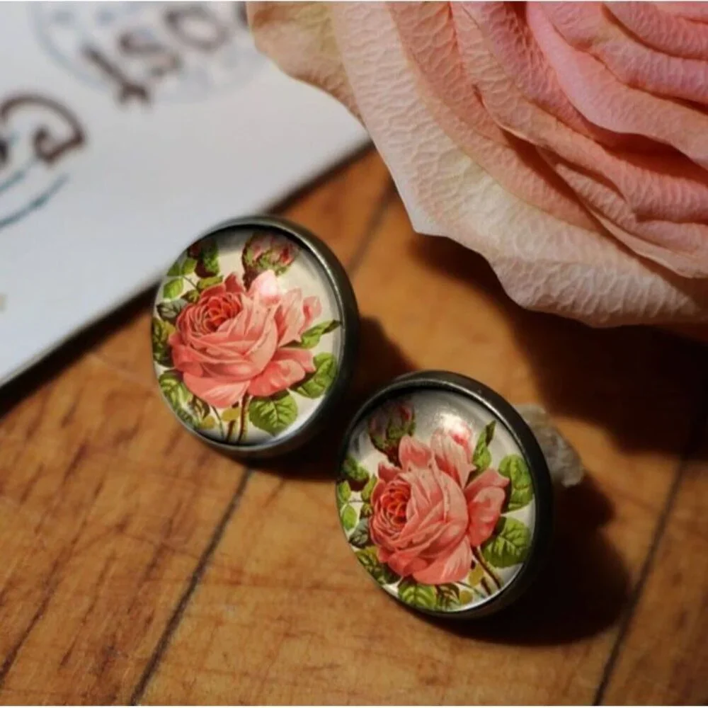 Victorian Tea Rose Stud‎ Earrings - Antique Bronze Romantic Floral Jewelry